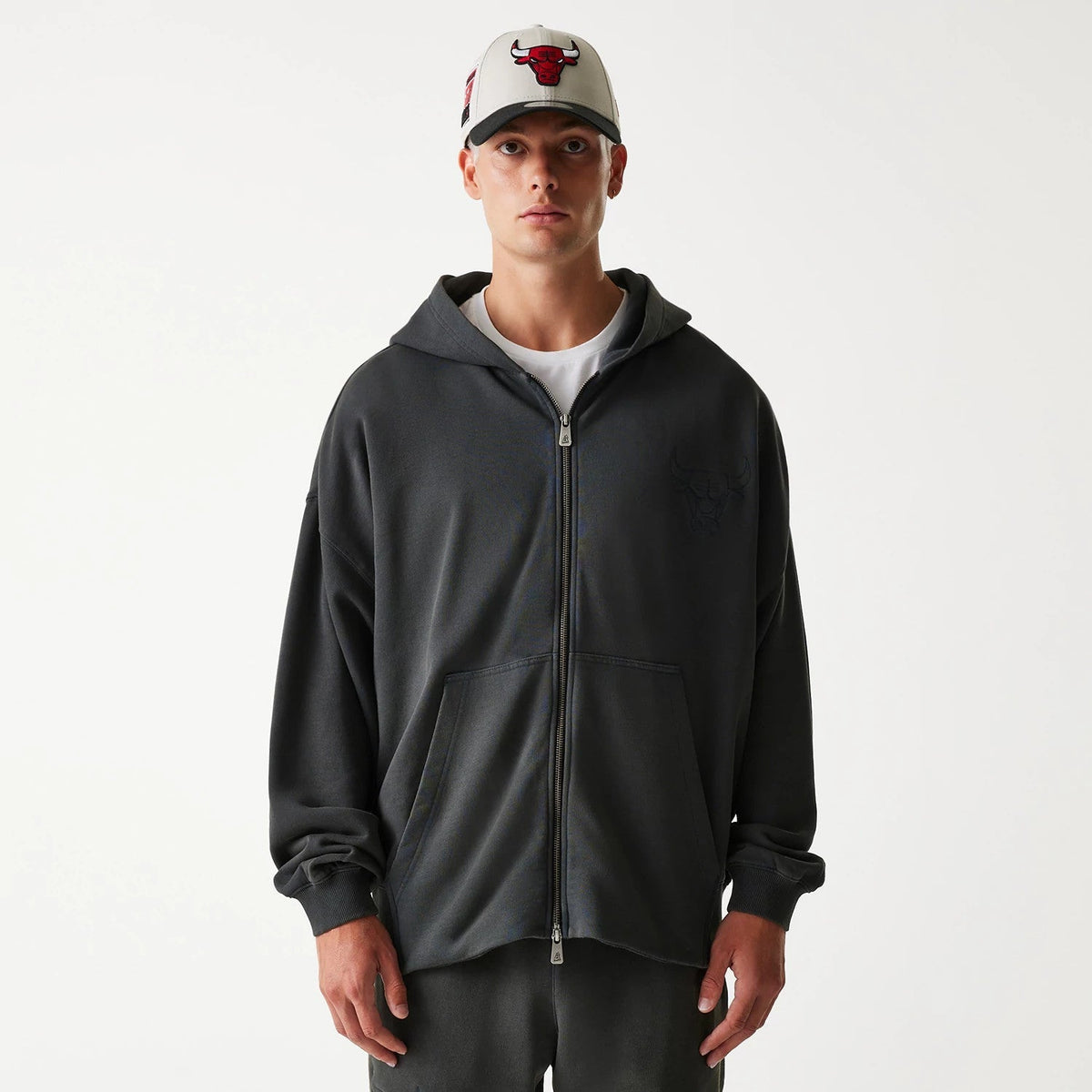 Chicago Bulls NBA Washed Grey Full Zip Hoodie-Benirox