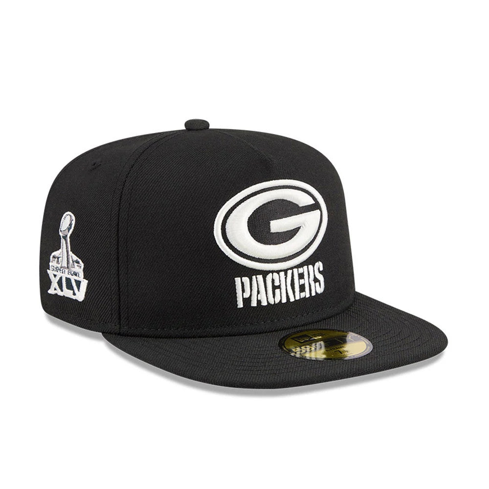 Green Bay Packers NFL Chiseled Embroidery Black 59FIFTY A-Frame Fitted Cap-Benirox